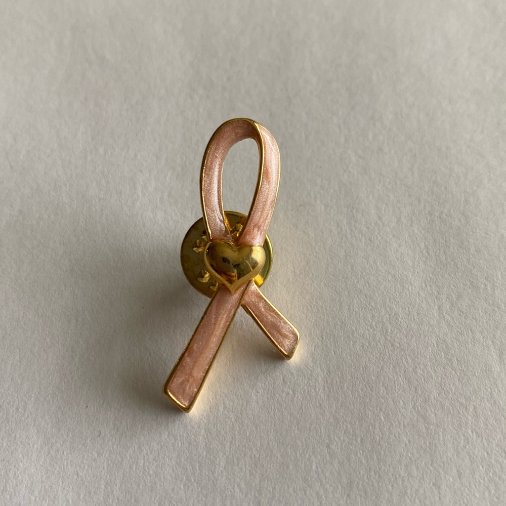 Pink Ribbon Enamel Gold Tone Heart Pin - Avon Marked - Breast Cancer Brooch